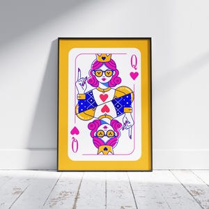 Pôster da Rainha de Copas, arte de parede moderna para cartas de baralho em rosa e amarelo, design feminino ousado para sala de jogos ou parede de galeria (sem moldura)