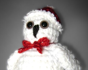 Christmas Holiday Owl Small White Red Santa Hat Crocheted Handcrafted