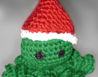 Holiday Octopus Small Crocheted Green Handmade Red Santa Hat