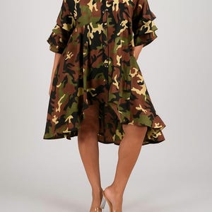 Camouflage African Print Dress – High-Low Shirt Dress for Women, Button Down Camo Tunic, Boho Casual Fashion Ruffled Sleeves, Loose fit