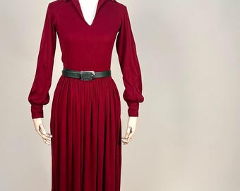 S/M | CALLAGHAN jaren 70 bloedrode wollen lange jurk met kraag en elastische taille