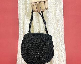 ART DECO 1920s Black Beaded Cotton Wristbag Evening Bag