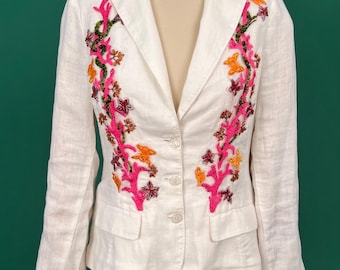 P/H | ROBERTO CAVALLI - Veste brodée en lin blanc Années 2000 à motif corail