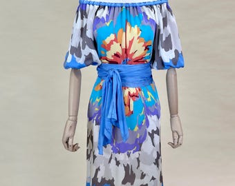 S/M | MISSONI  Y2K Silk Dress – 2000s Off-Shoulder Floral Print with Waist Tie