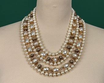 1950s Multi Strand Faux Pearl Necklace Filigree Clasp