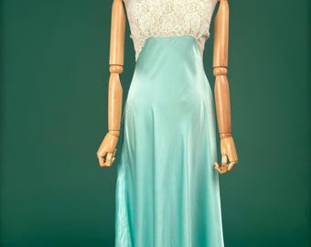 M | 1960s Silk Satin Lace Slip Dress Aqua Blue