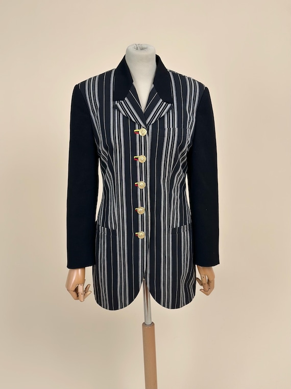 Versus Versace, S | VERSUS by GIANNI VERSACE – 1990s Black Striped Wool Blend Long Blazer - Made in Italy