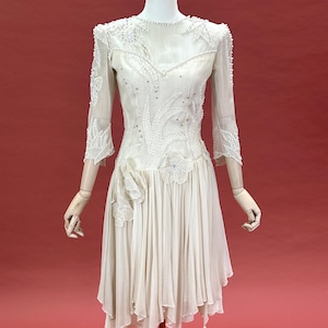 S/M | 1970s Silk Wedding Dress – Sheer Sleeves, Beaded Embroidery & Petal Hem – Boho Bridal Gown - Made in Italy