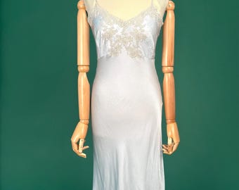 RESERVED S/M | 1930s Cool Powder Blue Silk Satin Lace Slip Dress