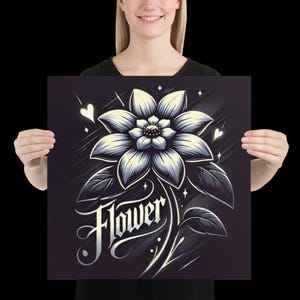 Poste foto zwart-wit cartoon stijl donkere roos schilderij en foto schattige mooie aantrekkelijke bloem met hartjes en het woord bloem