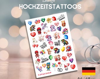 Temporäres Hochzeitstattoo, Deutsche Hochzeitstattoo, Kinder-Hochzeitsparty-Tattoo, Hochzeitsgeschenk, Hochzeitstattoo-Set, Kindertattoos