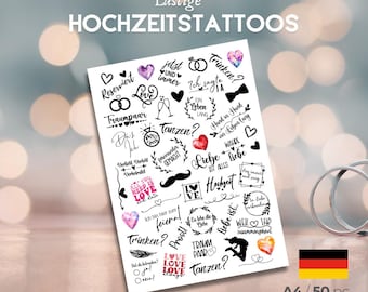 Custom Temporary Wedding Tattoo Set: Personalized Party Favors. german language.