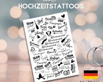 Custom Temporary Wedding Tattoo Set: Personalized Party Favors. German language.
