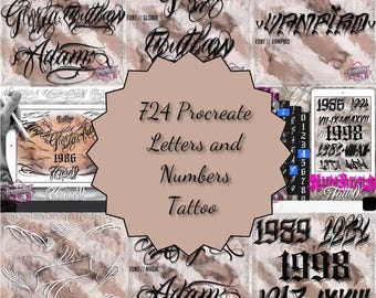 724 Procreate Letters and Numbers Tattoo| Procreate Prints| Vintage Canva Fonts| Cricut Silhouette Design Space Fonts | Dxf | ttf