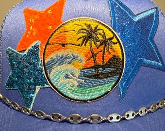 Tropical Sunset Trucker Hat: Royal Blue Island Patch, Sequined Stars