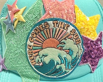 Turquoise Trucker Hat: Pastel Patchwork, Beach & Travel