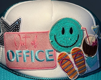 Teal Trucker Hat: Vacation Beach Theme with Flip-Flops & Sequin Smile