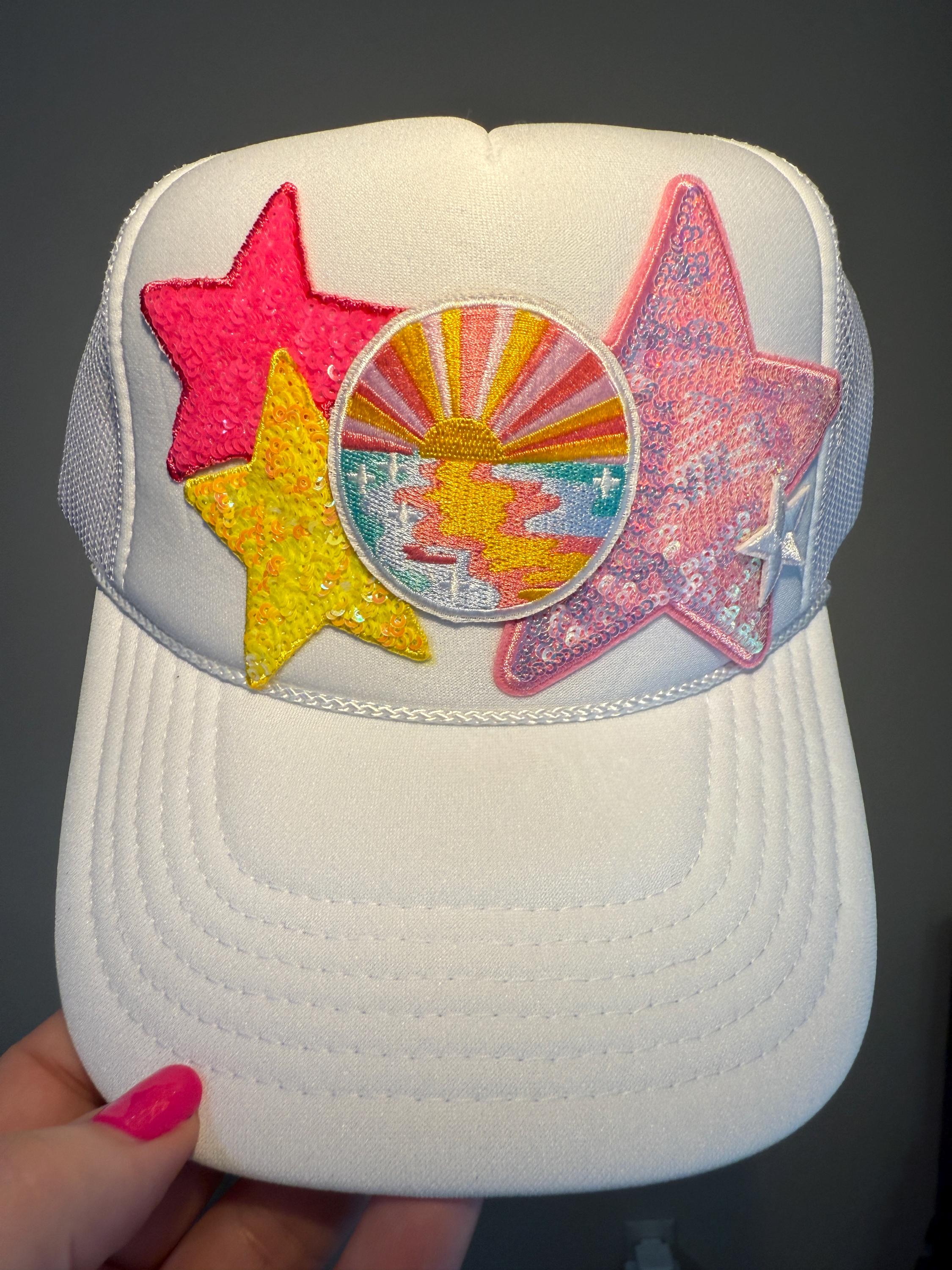 Sunset Star Trucker Hat | Pink & Yellow Summer Hat | Sequin Stars and Beach Vibes | Lake Day Trucker Cap