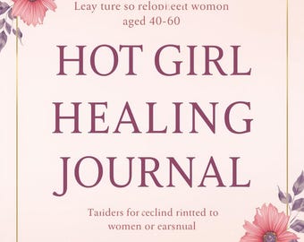 May include: A journal titled "HOT GIRL HEALING JOURNAL" with floral accents. The cover is a soft pink with a gold border and features text that reads "Leay ture so relodi.eest womon aged 40-60". The journal is tailored for women.