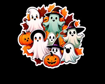 Pegatinas PNG de Halloween estilo vintage: adorables fantasmas, calabazas, brujas y diseños espeluznantes para agendas, diarios y álbumes de recortes.