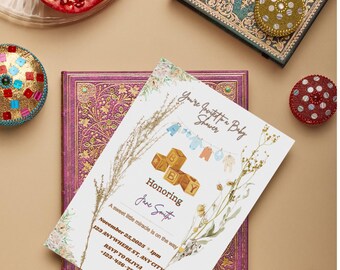 Plantilla de invitación para baby shower de género neutro con temática bohemia / Editable e imprimible en Canva