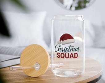 Vaso con sorbete Christmas Squad, 16 oz, para bebidas navideñas, decoración festiva para el hogar, regalo único para amigos, taza de vidrio reutilizable