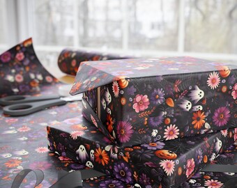 Hermoso papel de regalo floral para Halloween, papel de regalo para celebraciones de otoño, estilo espeluznante, artículos para fiestas, envoltura de regalos única.