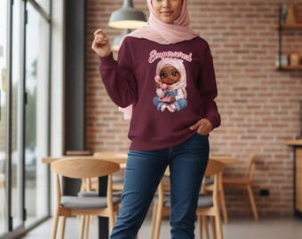 Empowered Hijabi Queen Crewneck Sweatshirt  Cute Chibi Hijab Doll Graphic  Modest Fashion, Muslim Girl Gift, Feminine Pastel Streetwear