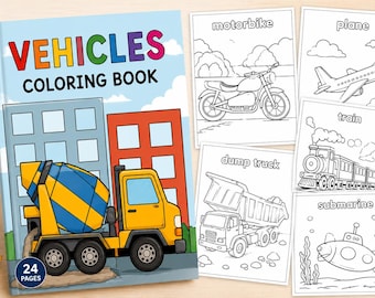 Vehicles Coloring Book for Kids | 24 Printable Transport Coloring Pages | Cars, Trucks, Planes, Trains, Boats | Instant Download PDF