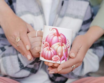Taza de cerámica con forma de calabaza rosa: decoración otoñal y concienciación sobre el cáncer de mama.