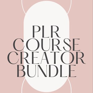 May include: A digital graphic with the text "PLR COURSE CREATOR BUNDLE" in a dark gray font. The text is centered on a light pink background with a white oval shape behind the text and white curved lines.