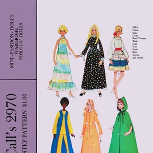 May include: A sewing pattern for making clothes for 6 1/2 inch dolls. The pattern includes a long dress with a floral print, a long dress with black and white polka dots, a short dress with a striped skirt, a long yellow robe, a long blue vest with a yellow top and pants, and a green hooded cape. The pattern is called McCall's 2970 and is a step-by-step pattern.