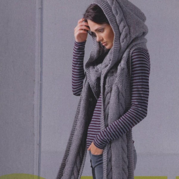 KNITTING PATTERN - Hooded Cable Scarf Boho Chic - Christmas/ Winter Fall Accessories Download - Great Price !!! English language