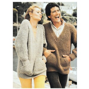 Instant Download PDF Knitting Pattern Ladies or Mens SLOPPY JOE Oversized Chunky Long Sleeve V Neck Sweater with Pockets Bust 34-42 zdjęcie 2