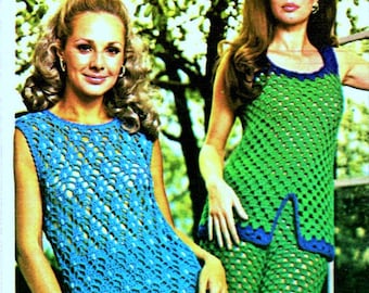 Digital Download Retro 70s Crochet PATTERN PDF Ladies Blue Pants Set  -  Tunic Dress Pants
