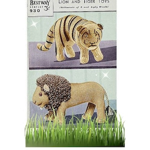 May include: A vintage knitting pattern leaflet for making lion and tiger toys. The leaflet is titled "Lion and Tiger Toys" and includes instructions for using 3 and 4-ply wools. The leaflet is from Bestway Leaflet 930.