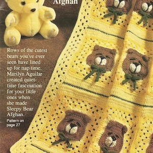 Vintage Crochet Pattern to make A Cute Teddy Bear Face Granny Square Baby Afghan Blanket Cover Cot Crib Bed Pram 38x36&quot; PDF