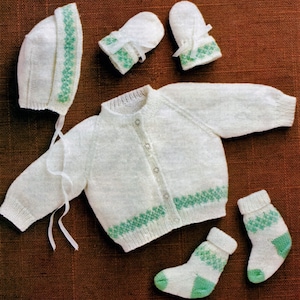Knitting Pattern - Baby Fairisle Cardigan Booties Mitts and Bonnet  4ply 12 to 18 ins chest