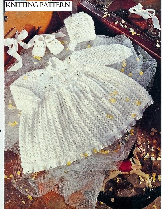 Baby Kniting PATTERN - Dress, Bonnet and Shoes/Slippers/Booties 16 to 22 inch