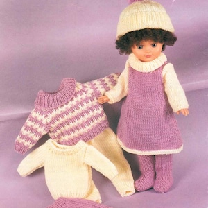 May include: Image of a doll wearing a knitted outfit, including a hat, dress, and leggings. Additional knitted clothing items are displayed, including a sweater and pants. The word "Copley" is in orange text at the top.