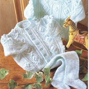 Download Baby Knitting Pattern -  Aran Cardigan, Sweater and leggings - 16 - 22 in chest PDF - English language