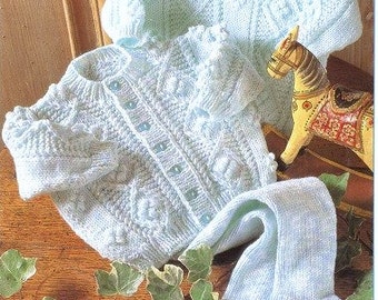 Download Baby Knitting Pattern -  Aran Cardigan, Sweater and leggings - 16 - 22 in chest PDF - English language