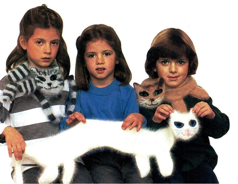 PDF Pussy Cat Scarves Kitten Knitting Pattern Fluffy Brushed DK Embroidered faces Animal Scarf x 3 Digital Download Almost FREE image 2