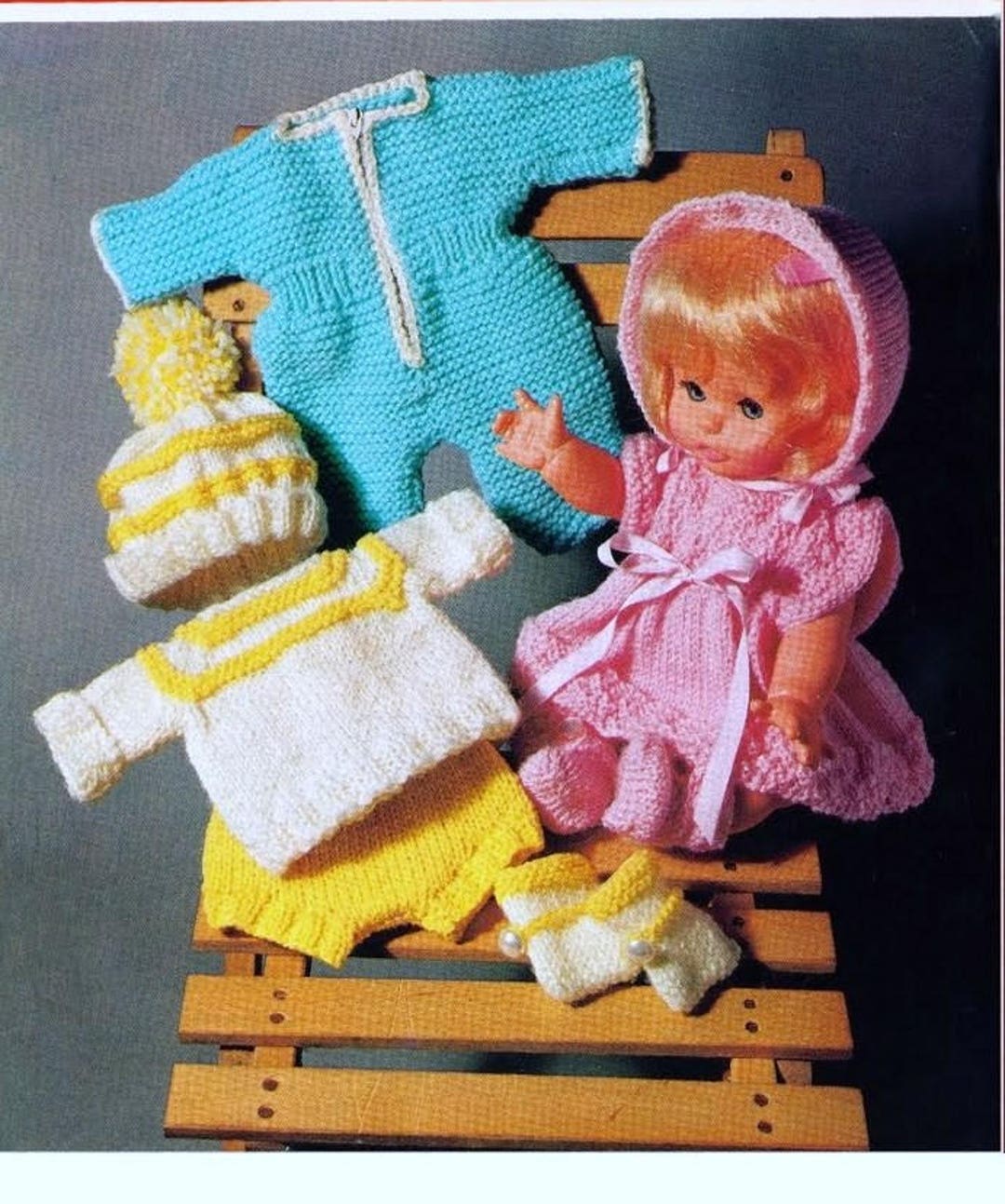 Knitting Pattern 12 Inch Doll Dress, Booties, Sleeper, Hat