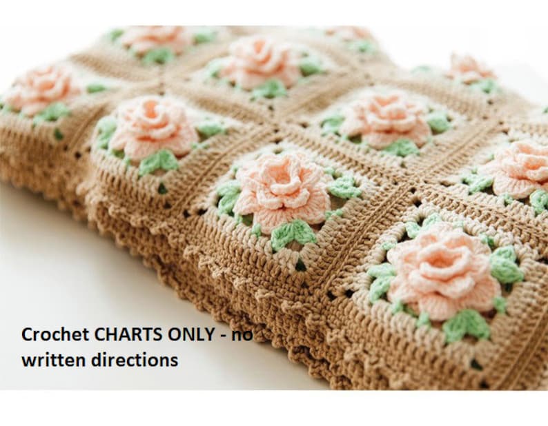 May include: Crochet pattern chart for a blanket with a brown and beige background and pink and green flowers. Crochet CHARTS ONLY - no written directions.