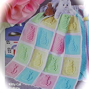 Crochet PATTERN - Ktty Cat Popcorn Instant Download to make Baby Bebe A Cat Granny Square Afghan Blanket for Crib Cot or Pram 35x45 inches