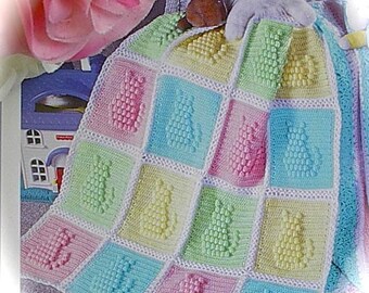 Crochet PATTERN - Ktty Cat Popcorn Instant Download to make Baby Bebe A Cat Granny Square Afghan Blanket for Crib Cot or Pram 35x45 inches