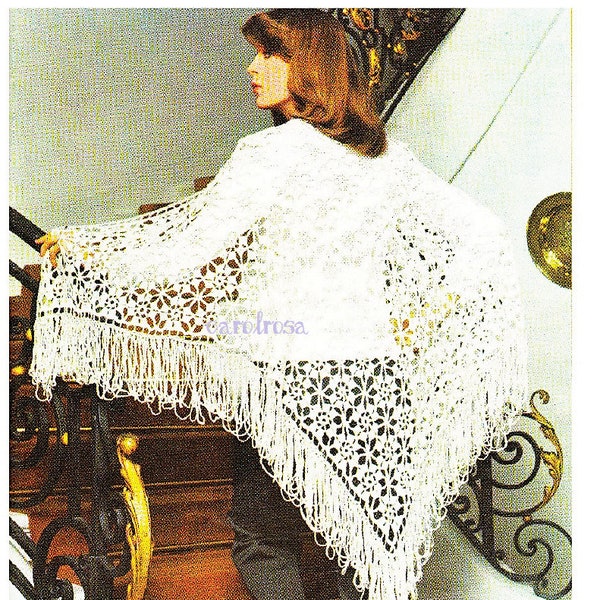 Crochet Flower Shawl PATTERN PDF - Vintage Shoulder Sweater 70s Retro long Fringe Wrap Vintage Pattern PDF Instant Download Digital Pattern