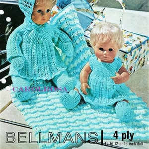 May include: Vintage knitting pattern for a doll's outfit. The image shows two dolls dressed in matching turquoise knitted outfits, including a hooded jacket, dress, booties, and a blanket. The pattern is for a 12 or 16 inch doll.