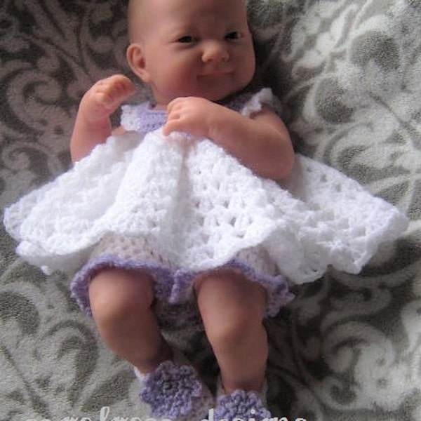 Crochet Pattern - Baby Doll or Preemie Baby Dress, Bloomers and Flower Shoes - 14 inch height
